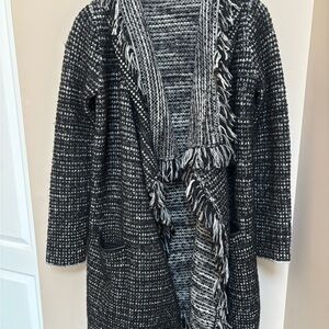 Vince Black & White Fringed Open-Front Knit Cardigan